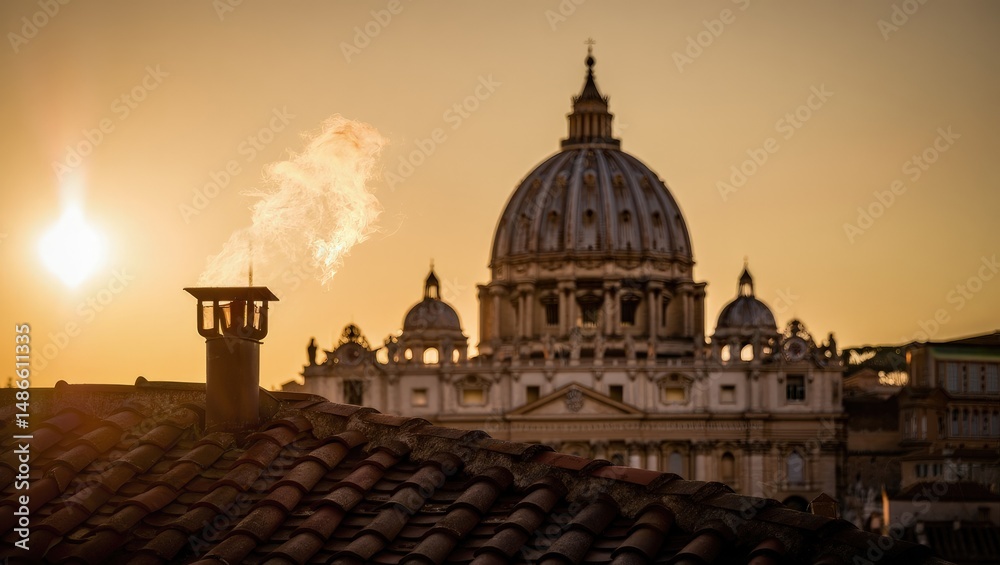 Obraz premium White smoke rises from the chapel chimney, indicating the successful election of a new pope during the papal conclave.