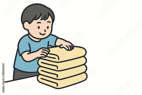 Young boy stacking towels while smiling at home  