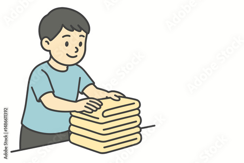 Young boy stacking towels on a table with a smile  