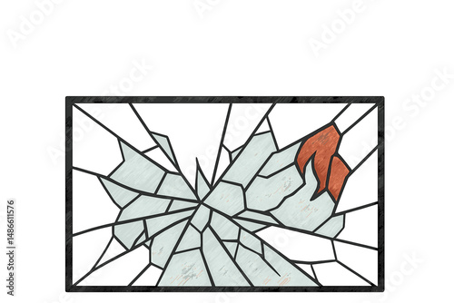 Stained glass window with shattered design and orange flame accents  