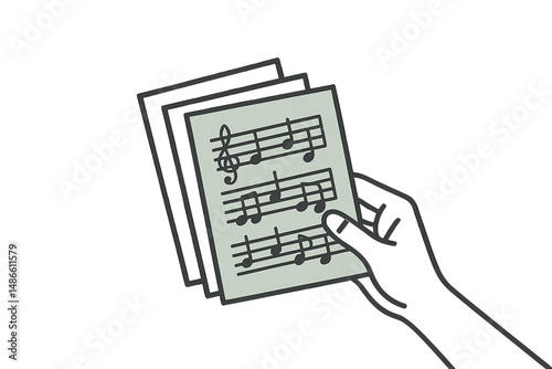 Hand holding sheet music with notes on a plain background