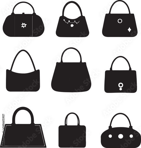 Black Silhouette Handbag Collection, Fashion Accessory Vector Graphics