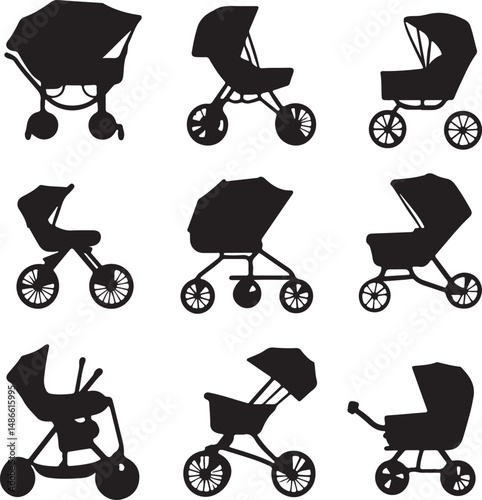 Baby Stroller Silhouettes: Vector Graphics of Pram, Buggy, Pushchair Icons