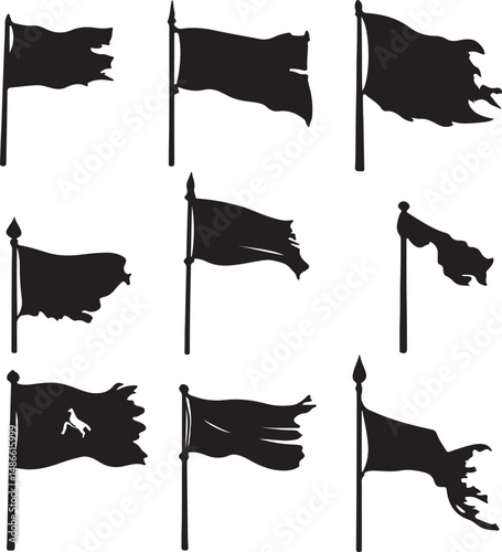 Torn Flags Silhouette Vector Set: Distressed, Waving, Ripped Banners
