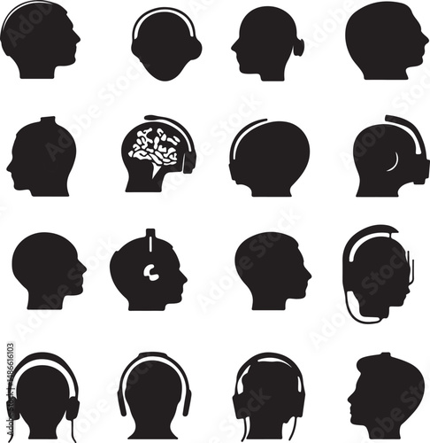 Silhouette Head Icons: Headphones, VR Headsets, Profile Vector Set