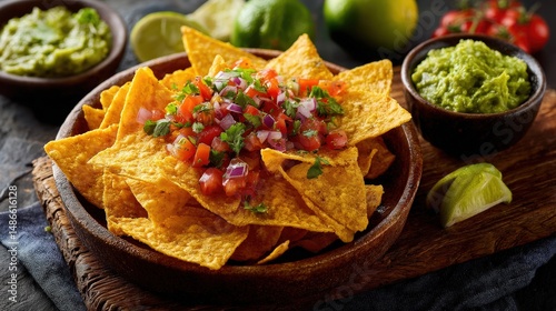 Crispy nachos topped with fresh salsa and guacamole.