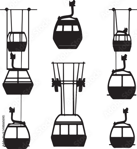 Black and White Gondola Lift Silhouette Vector Illustration Art