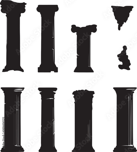 Black and White Silhouette Column Vector Graphics Set