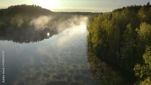 Aerial view of Lake Andronino in Karelia, Russia, showcasing its calm waters and forest surroundings, ideal for autumn nature visuals.