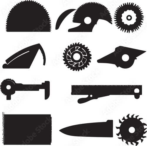 Black and White Silhouette Icons: Saw Blades and Tools