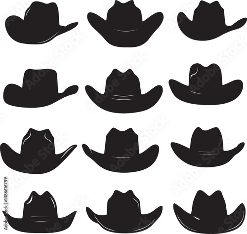Twelve Black Cowboy Hat Silhouettes: Western Clipart