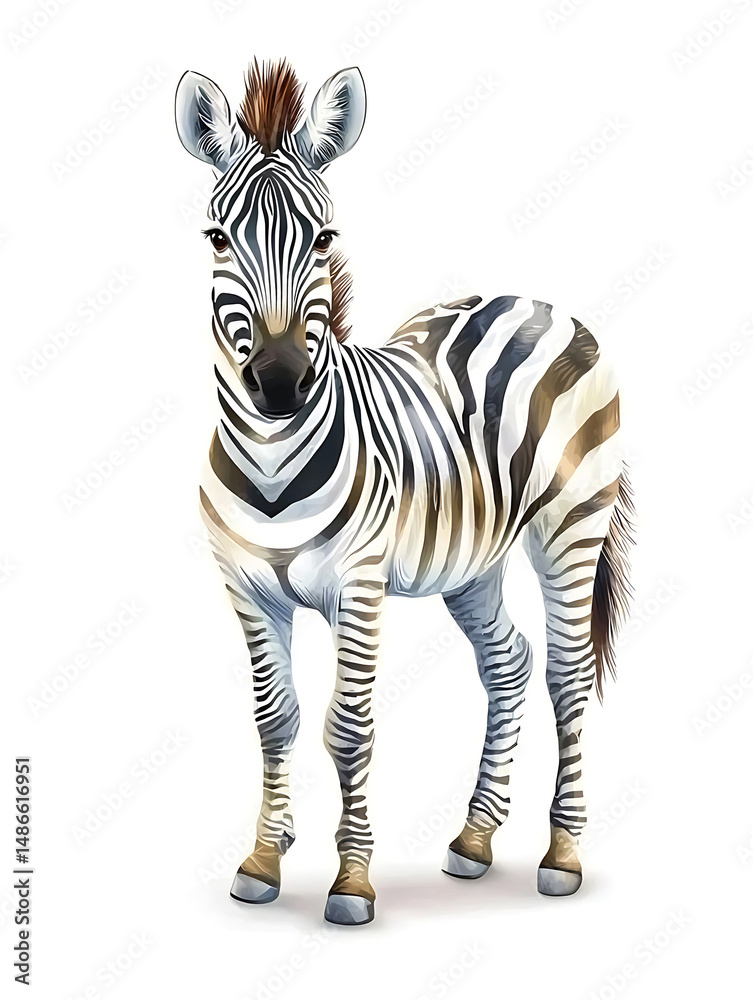 A digitally painted zebra stands against a white background showcasing its distinct black and white stripes and attentive posture. A digitally painted zebra stands against a white background showcasing its distinct black and white stripes and attentive posture.