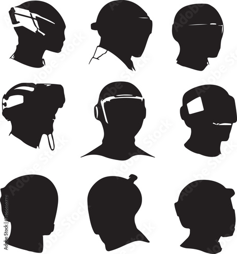 Nine Futuristic Helmet Silhouettes: Black and White Vector Art