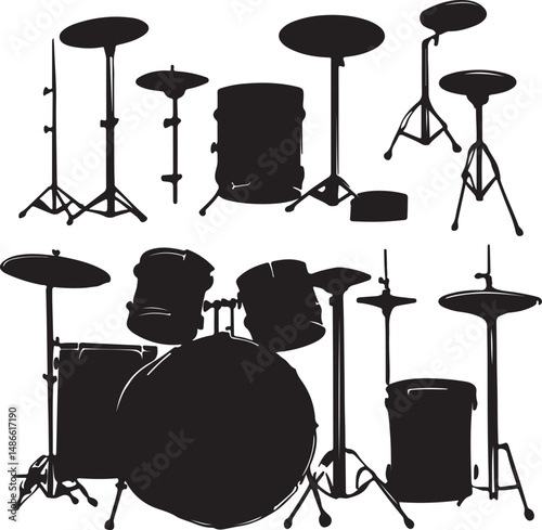 Black and White Drum Set Silhouettes: Musical Instrument Graphics
