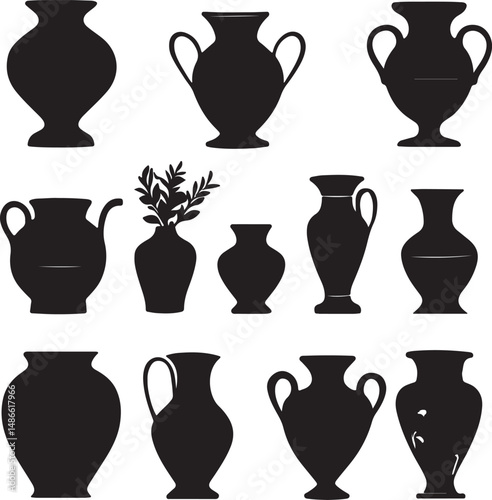 Black Silhouette Greek Vases Collection, Pottery Art