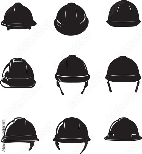 Nine Black and White Hard Hat Silhouettes