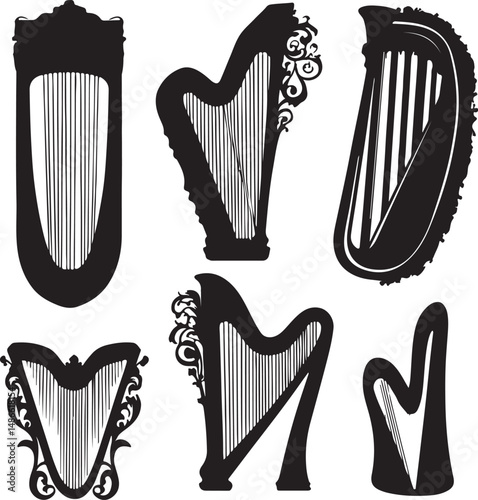 Black and White Harp Silhouettes: Vintage Music Vector Graphics