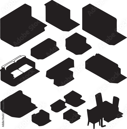 Isometric Silhouette Furniture Icons Set: Sofas, Chairs, Tables