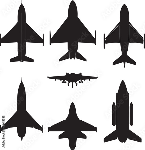 Black Silhouettes of Various Aircraft Top Views