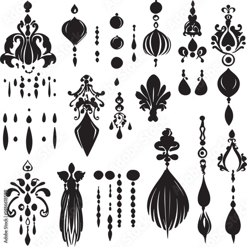 Elegant Black Damask & Jewel Pendants Design Elements