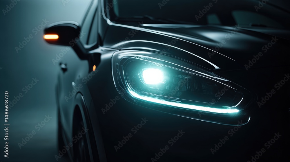 Fototapeta premium Sleek Black Car Headlight in Dramatic Lighting - Modern Automotive Design