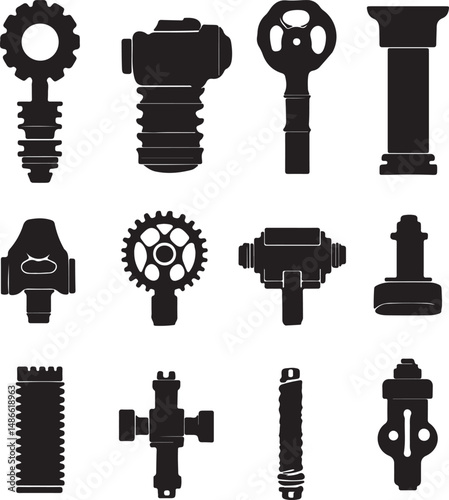 Twelve Black Silhouettes of Industrial Machine Parts