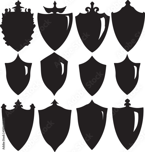 12 Black Shield Silhouettes: Heraldic Crest Designs