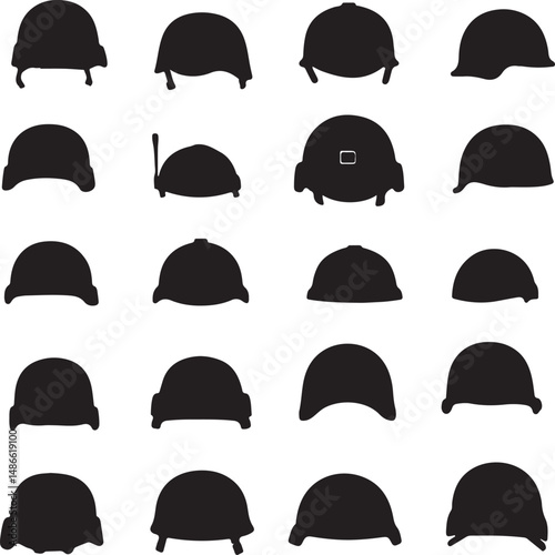 Military Helmet Silhouettes: Black Vector Icons Set