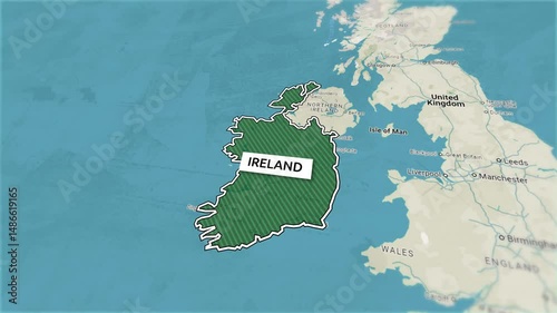 Borders of the state of Ireland on the map. Country Ireland on the map is highlighted by a polygonal border. From above zooming in with panoramic view