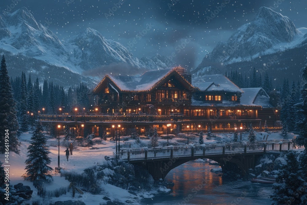 Fototapeta premium Snowy winter lodge at night