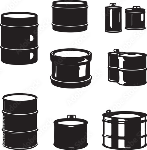 Black and White Barrel Silhouettes: Industrial Vector Graphics