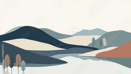 Simple landscape with hills, trees, and water
