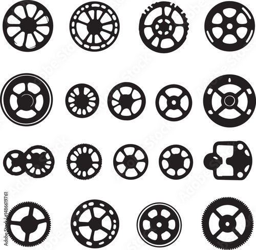 Black and White Wheel Icons: Gear, Sprocket, Pulley Designs