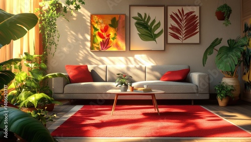 Sunlit living room with plants and art
