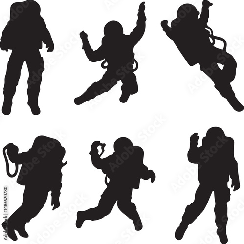 Astronaut Silhouettes: Space Explorers in Weightless Poses Vector Art