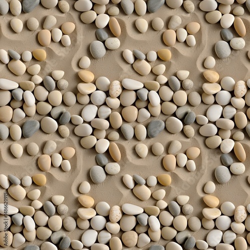 neatly arranged pebbles on a sandy beach background