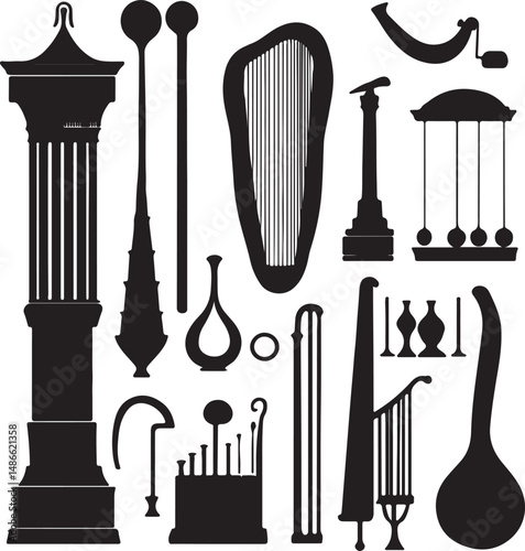 Black Silhouettes: Architectural Elements, Musical Instruments, Art Deco Style