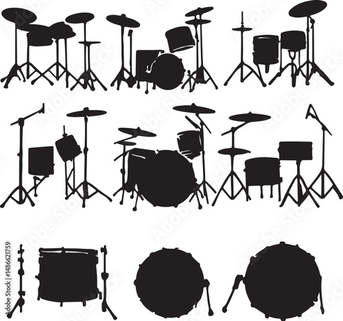Drum Kit Silhouettes: Black and White Music Instrument Set