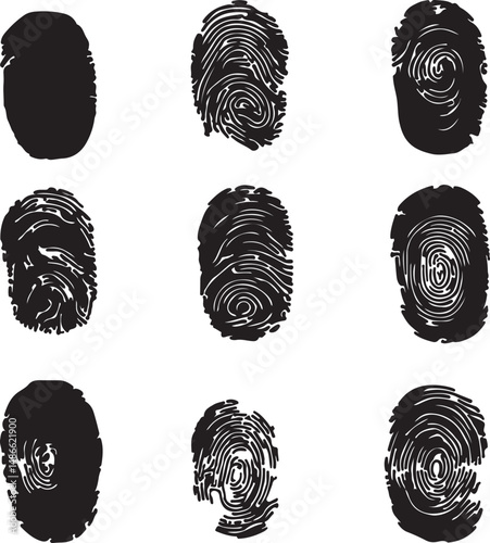 Fingerprint Set: Vector Illustration of Black Prints on White Background