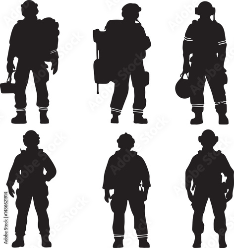 Silhouette Set of Firefighters in Uniforms, Black and White