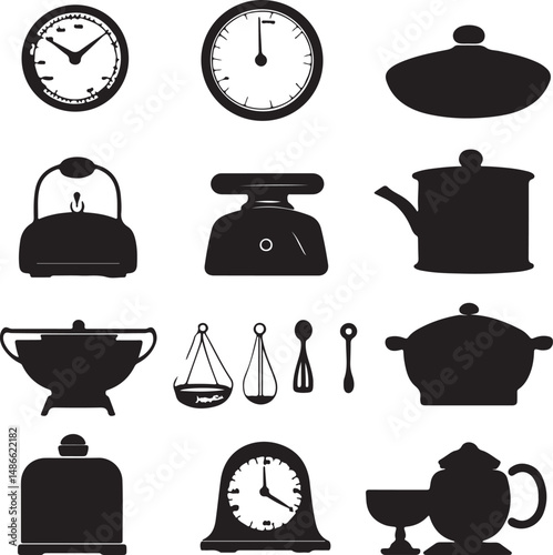 Black and White Kitchenware and Clock Silhouettes