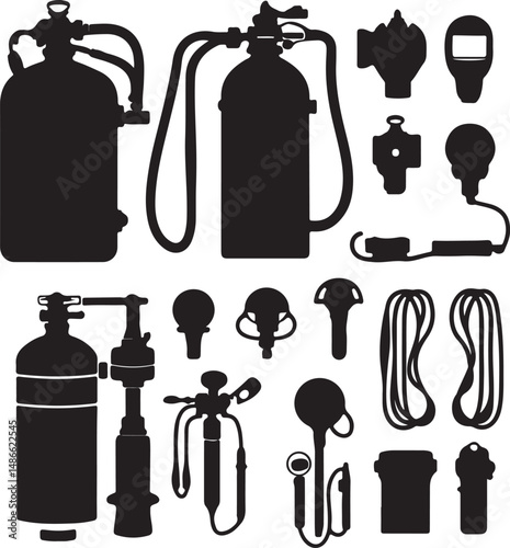 Silhouette Icons: Scuba Diving Equipment and Gear Set