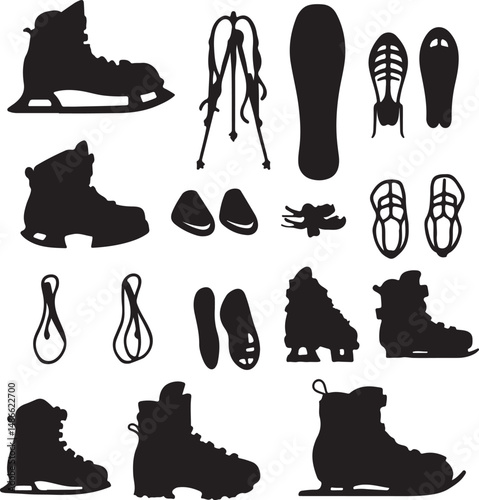 Winter Sports Gear Silhouettes: Boots, Skates, Poles