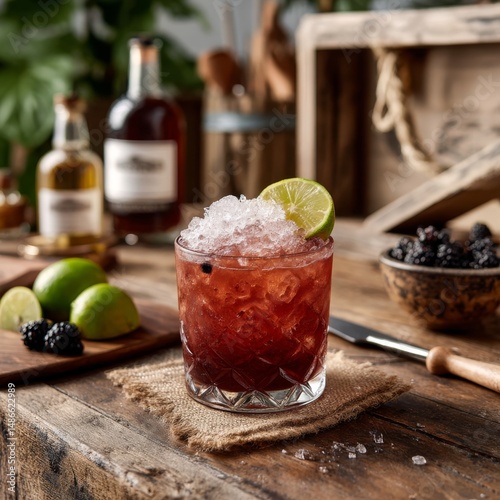 A vibrant grog cocktail. Rum meets sweet blackberry syrup grenadine and a touch of zesty lime. Served over crushed ice in a short glass.