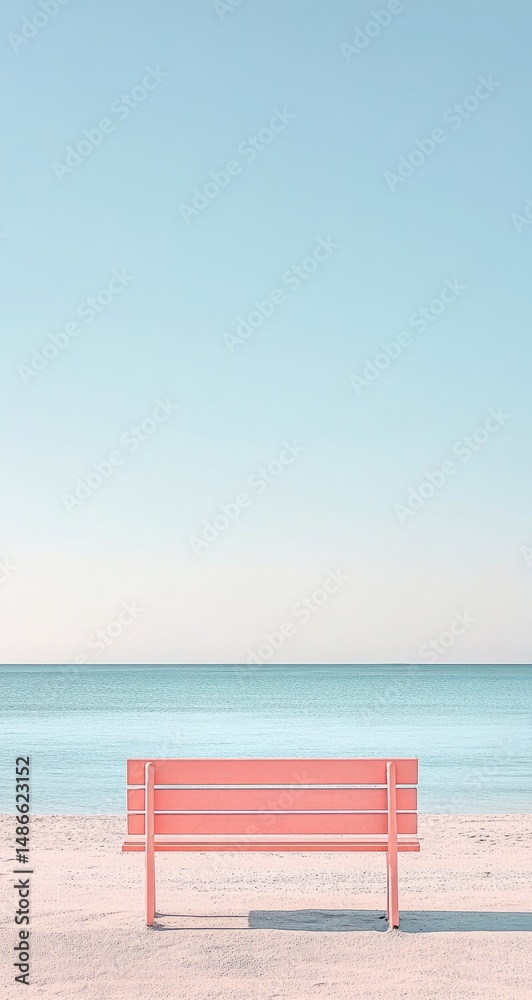 Fototapeta premium Pastel pink bench on a beach, soft focus