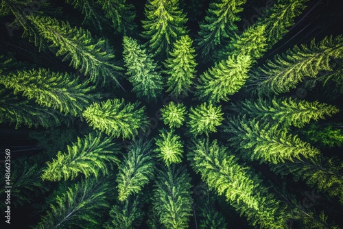Dense forest canopy, vibrant green,  coniferous trees, radiating outwards from a central point, symmetrical pattern, aerial view