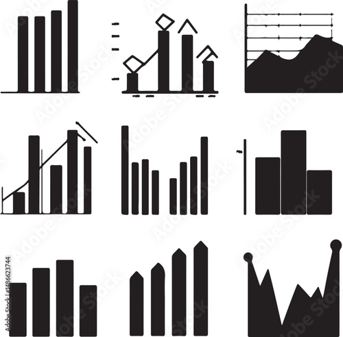 Black and White Chart Icons: Data Graphs and Diagrams