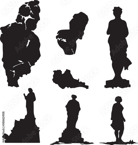 Silhouette Statues and Island Maps: Black and White Vector Art