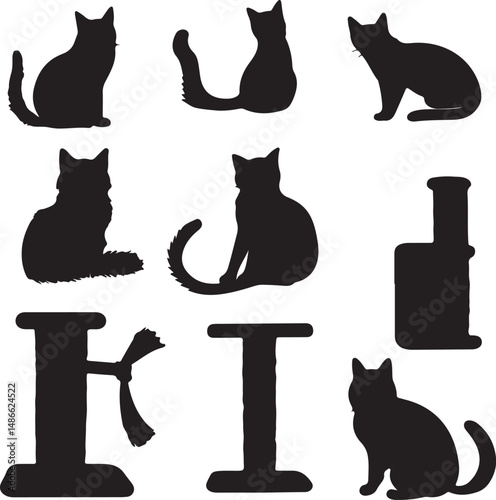 Nine Black Cat Silhouettes Plus Cat Toys and Scratching Post