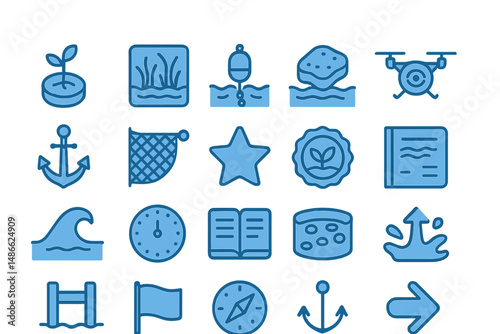 Icons representing underwater activities, nature exploration, and aquatic themes in a minimalist design